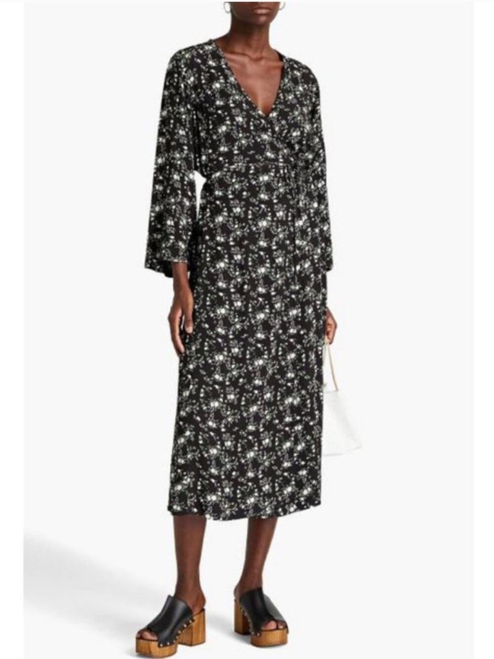 Ganni Floral Print 3/4 Sleeve Wrap Midi Dress Medium 6 Phantom Black Party Event